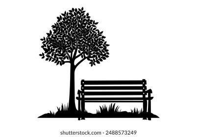 Bench and Tree Silhouette Vector isolated on a white background, A Tree with Park Bench black Silhouette Clipart