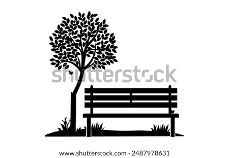 Bench and Tree Silhouette Vector isolated on a white background, A Tree with Park Bench black Silhouette Clipart