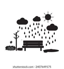 Bench and tree without leaves. leaves falling, rain autumn sign