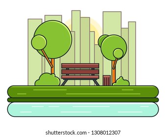 Bench with trees and dumpster in the Park. Vector illustration in flat style. Spring Landscape.