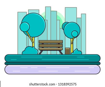 Bench with trees and dumpster in the Park. Vector illustration in flat style. Spring Landscape.