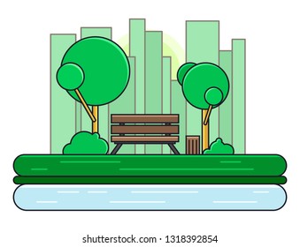 Bench with trees and dumpster in the Park. Vector illustration in flat style. Spring Landscape.