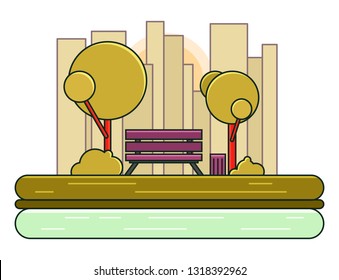 Bench with trees and dumpster in the Park. Vector illustration in flat style. Spring Landscape.