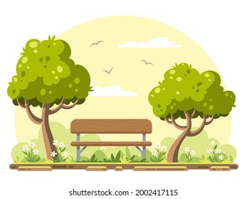 Bench with trees in the garden, summer landscape. Vector illustration in modern cartoon style.