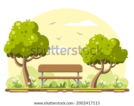 Bench with trees in the garden, summer landscape. Vector illustration in modern cartoon style.
