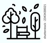 Bench and trees line icon. Wide chair in front of plants and leafs in park. Autumn season vector design concept, outline style pictogram on white use for and app. Eps 10.