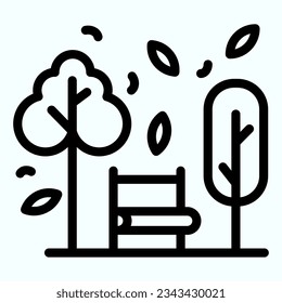 Icono de línea de árbol y banco. Gran silla frente a las plantas y hojas en el parque. Concepto de diseño vectorial de temporada otoño, pictograma de estilo de contorno sobre uso blanco para y aplicación. Eps 10.