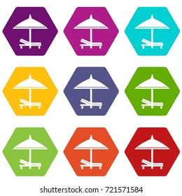 Bench and umbrella icon set many color hexahedron isolated on white vector illustration