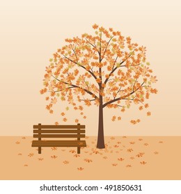 Bench Under Autumn Tree With Falling Yellow Leaves. Vector Illustration On Beige Background.