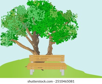 Bench under a big tree on hill. Vector illustration isolated on white.