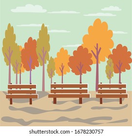 Bench under colorful trees flat vector illustration