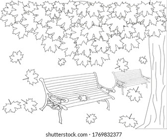 Bench under maple tree fallen leaves sketch. Hand drawn ink monochrome art design element thin line object isolated for coloring page, for web, for print