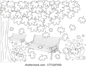 Bench under maple tree fallen leaves umbrella sketch. Hand drawn ink monochrome art design element thin line object isolated for coloring page, for web, for print