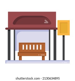 Bench under shelter denoting flat icon of bus station 

