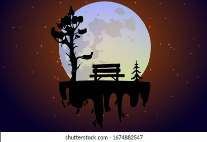 Bench under a tree against the backdrop of a huge moon. Landscape with a soaring island. Can be used for travel or banner, poster design, desktop.