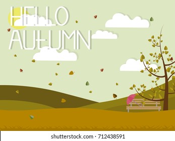 a bench under a tree and falling leaves. autumn landscape and the inscription hello autumn