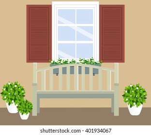 bench with vases and windows