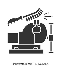 Bench vice cleaning with wire brush glyph icon. Leg vice. Silhouette symbol. Negative space. Vector isolated illustration