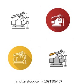 Bench vice cleaning with wire brush icon. Leg vice. Flat design, linear and color styles. Isolated vector illustrations