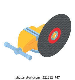 Bench vise icon isometric vector. Yellow bench vise and high speed cut disc icon. Hand tool, repair work