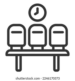 Bench for waiting at the airport under the clock - icon, illustration on white background, outline style