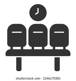 Bench for waiting at the airport under the clock - icon, illustration on white background, glyph style