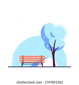 Bench in winter city park with tree isolated on white background. Winter holidays concept in flat style.