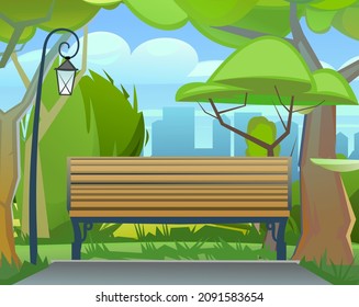 Benche in city park with fence. A beautiful natural place to stay. Large trees and paths with sidewalks. Vector.