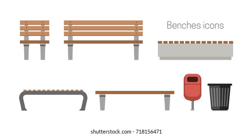 Benches flat icons. Outdoor wooden benches with garbage can.