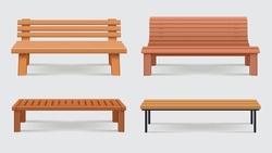 Benches. Realistic Set Of Different Wooden Benches For Urban Park Decent Vector Collection