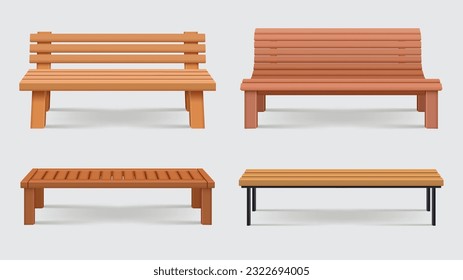 Benches. Realistic set of different wooden benches for urban park decent vector collection