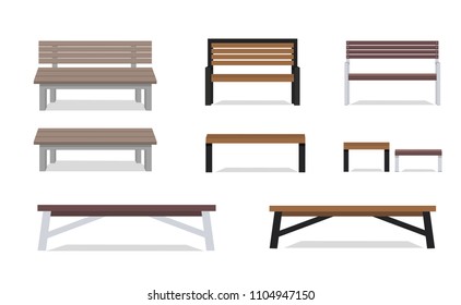 Benches set. Outdoor wooden benches. Vector illustration of a beautiful summer city park with urban background design.For relaxation.