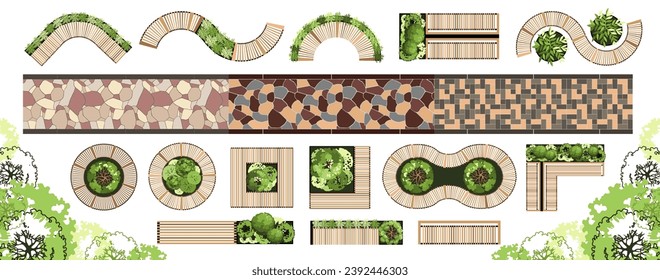 Benches and tiles for architectural floor plans. Entourage design. Top view elements for the landscape design plan. Vector illustration.