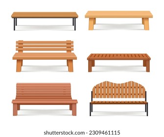Benches. Urban park relax places with wooden benches decent vector realistic template