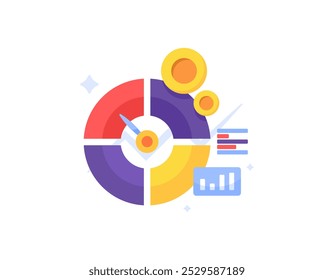 Concepto de negocio de referencia. Medición del rendimiento comercial o medición del rendimiento de una variable de negocio. Indicador de nivel de éxito. Datos e información. Diseño de estilo plano. Elementos