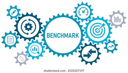 Concepto de referencia Iconos de referencia de Ilustración vectorial de Anuncio con rendimiento, proceso, indicador, medida, comparar, objetivo sobre fondo blanco Diseño de engranajes azules