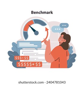 Benchmark concept. Eager professional analyzes performance metrics, comparing current progress to set goals. Speedometer shows optimal standards. Pursuit of excellence in finance. vector illustration