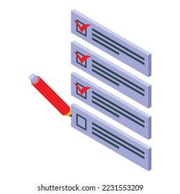 Marca de referencia para hacer un vector isométrico de icono de lista. Producto comercial. Prueba de coste