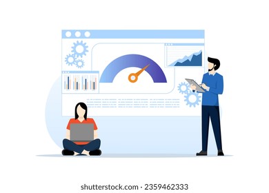 Concepto de ilustración de indicador de referencia. Comparar procesos del negocio, indicadores, métricas de rendimiento con los mejores. Medición, pruebas con gráficos de análisis. Ilustración vectorial plana en el fondo.