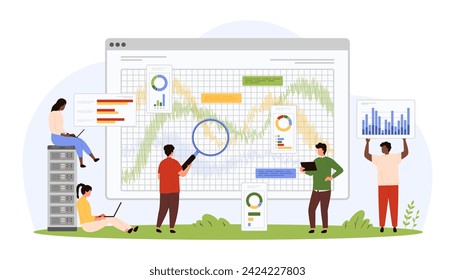 Benchmark monitoring methodology. Tiny people with magnifying glass research financial metrics, evaluate best product performance and operational results of quality cartoon vector illustration