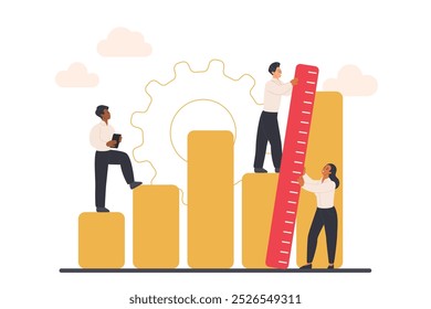 Rendimiento de referencia, medición del indicador clave de rendimiento, análisis de KPI. La gente minúscula mide la longitud de las barras del gráfico del mercado con la Regla grande para comprobar la Ilustración vectorial de la historieta del progreso de la ganancia