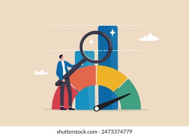 Benchmark performance or KPI key performance indicator, metrics or measurement to measure success, result evaluation, analysis or comparison concept, businessman magnify benchmark metric graph scale.