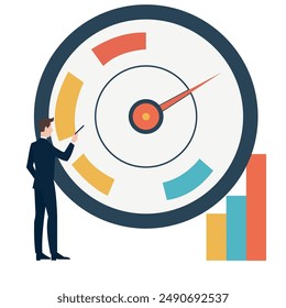 Benchmark performance or KPI key performance indicator, metrics or measurement to measure success, result evaluation, analysis or comparison concept, businessman magnify benchmark metric graph scale