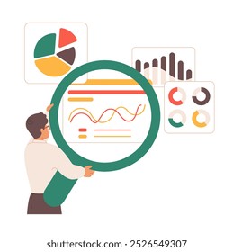 Benchmark-Performance oder KPI-Key-Performance-Indikatormessung. Winzige Mann Monitoring Analyse-Charts mit großer Lupe, um Informationen Ergebnisse zu bewerten, Qualität Cartoon Vektorgrafik