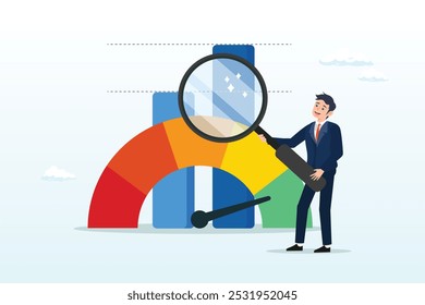 Rendimiento de referencia o indicador clave de rendimiento de KPI, métricas o medición para medir el éxito, evaluación de resultados, análisis o concepto de comparación, hombre de negocios magnificar la escala de gráficos métricos de referencia