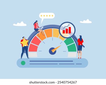 Rendimiento de referencia o indicador clave de rendimiento de KPI
crecimiento o resultado de medición de KPI, hombre de negocios magnificar escala de gráfico métrico de referencia.