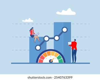 Benchmark-Performance oder KPI-Key-Performance-Indikator
Wachstum oder KPI-Messergebnis, Geschäftsmann vergrößern Benchmark Metric Graph Skala.