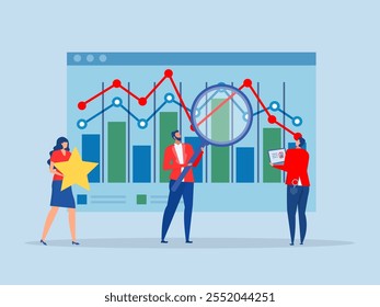 Rendimiento de referencia o indicador clave de rendimiento de KPI
Como resultado, el hombre de negocios magnifica la escala de gráficos métricos de referencia.