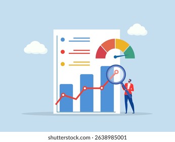 Benchmark performance or KPI key performance indicator growth or KPI measurement result, businessman magnify benchmark metric graph scale.
