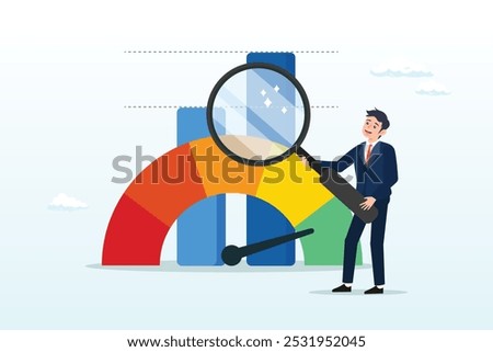 Benchmark performance or KPI key performance indicator, metrics or measurement to measure success, result evaluation, analysis or comparison concept, businessman magnify benchmark metric graph scale